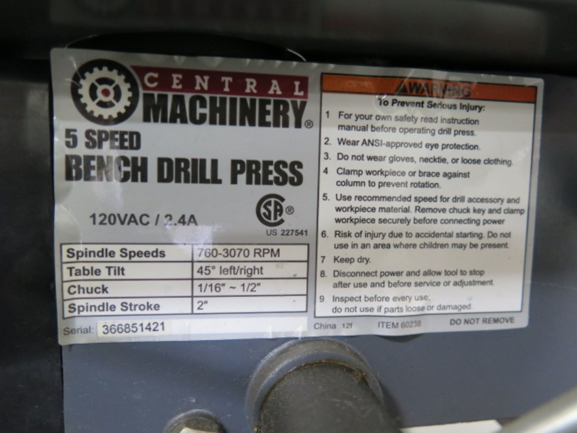 Central Machinery 5-Speed Table Model Drill Press (Second Location) (SOLD AS-IS - NO WARRANTY) - Image 5 of 5