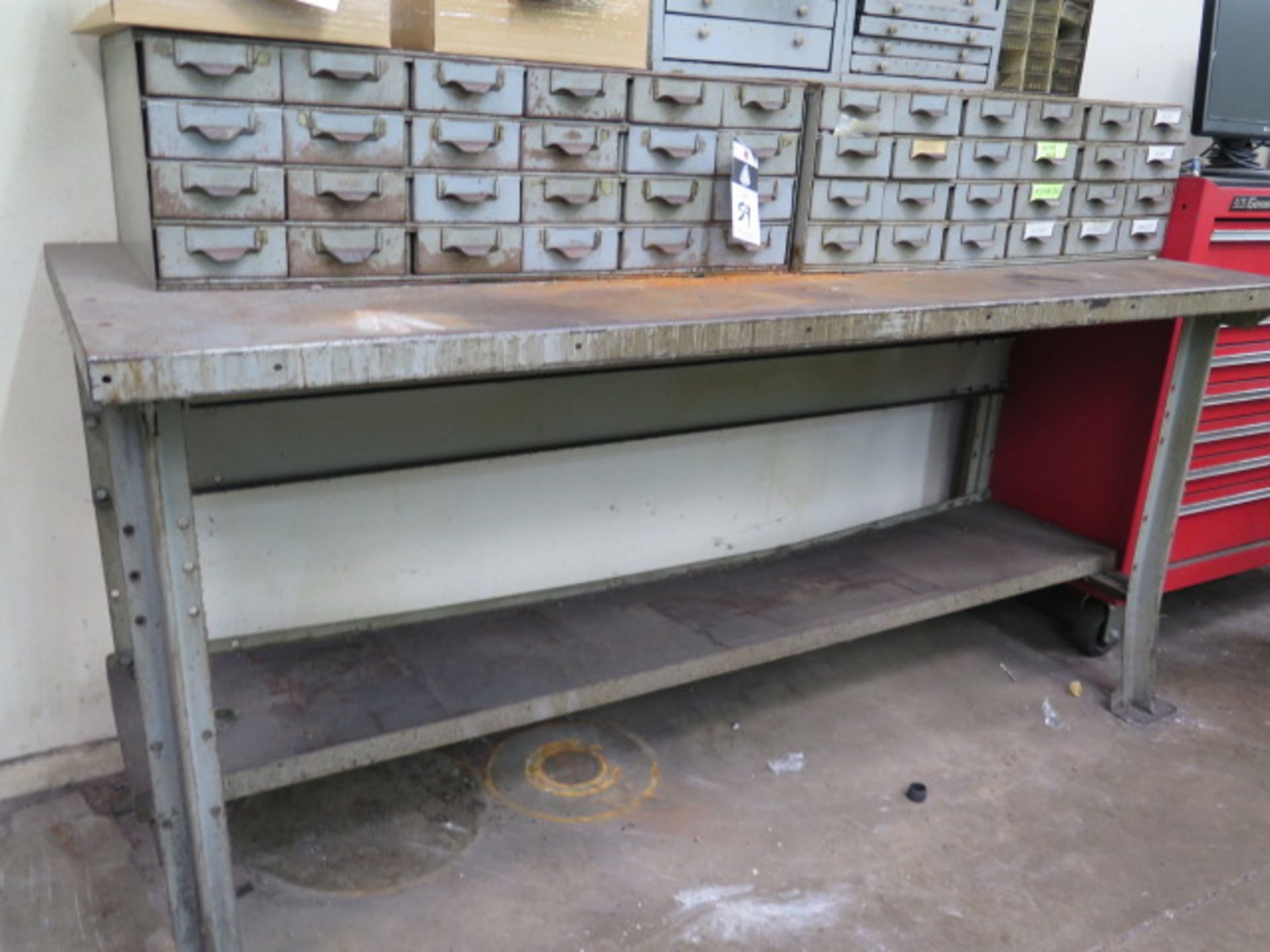 24-Drawer Hardware Cabinets (2) w/ Hardware and Steel Work Bench (SOLD AS-IS - NO WARRANTY)