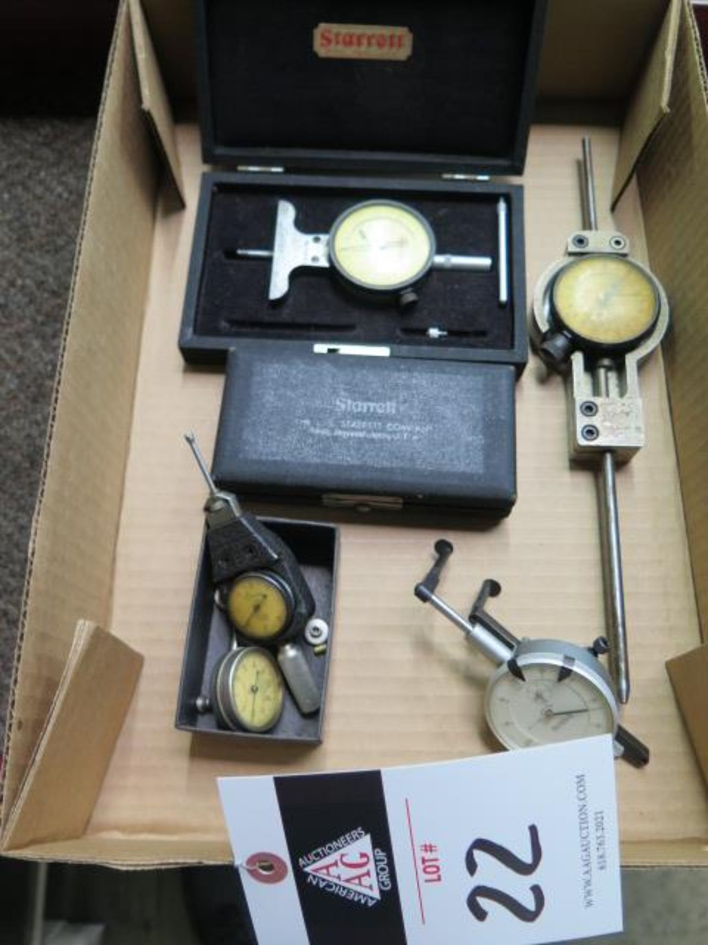 Starrett Dial Depth Gage, Starrett 0-1" Anvil Mic and Misc Indicators (SOLD AS-IS - NO WARRANTY)