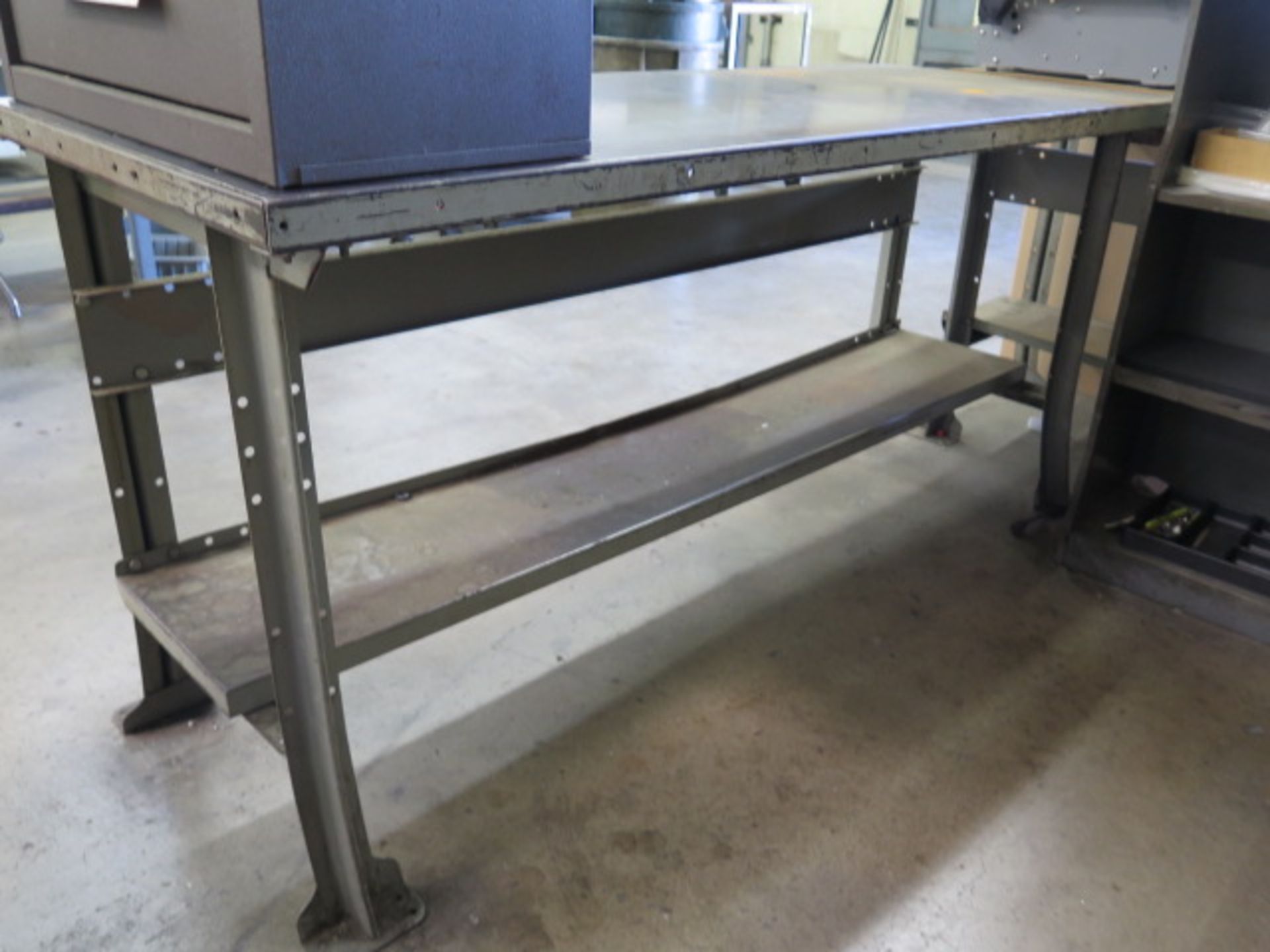 Steel Work Benches (2) and Shelf (SOLD AS-IS - NO WARRANTY)