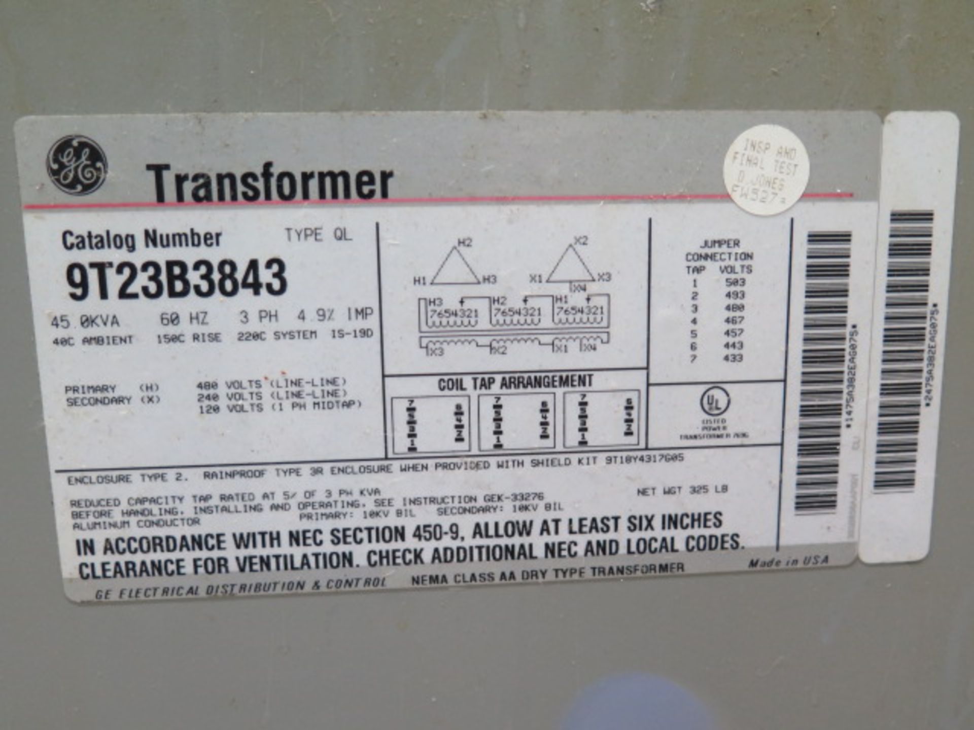 General Electric 45kVA Transformer 480-240/120 (SOLD AS-IS - NO WARRANTY) - Image 3 of 3
