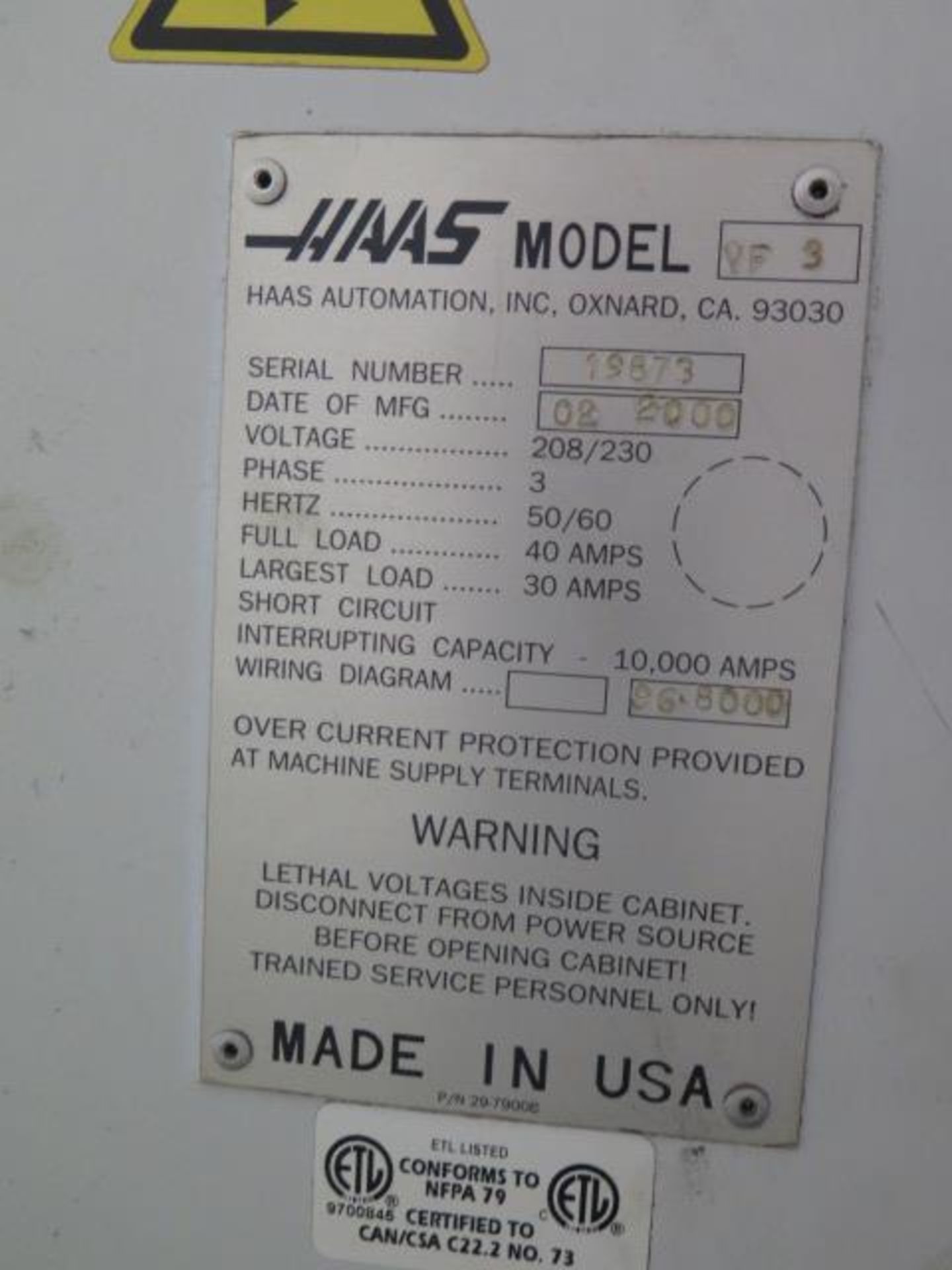 2000 Haas VF-3 4-Axis Ready CNC VMC s/n 19873 w/ Haas Controls, 20-Station ATC, SOLD AS IS - Image 13 of 13