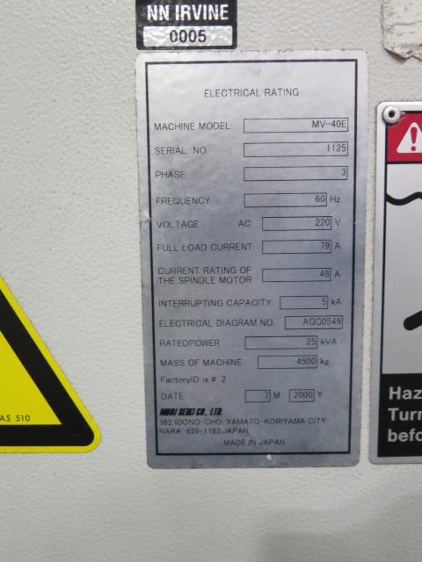 2000 Mori Seiki MV-40E CNC VMC s/n 1125 w/ Mori Seiki MSC-500 Controls, SOLD AS IS - Image 10 of 10