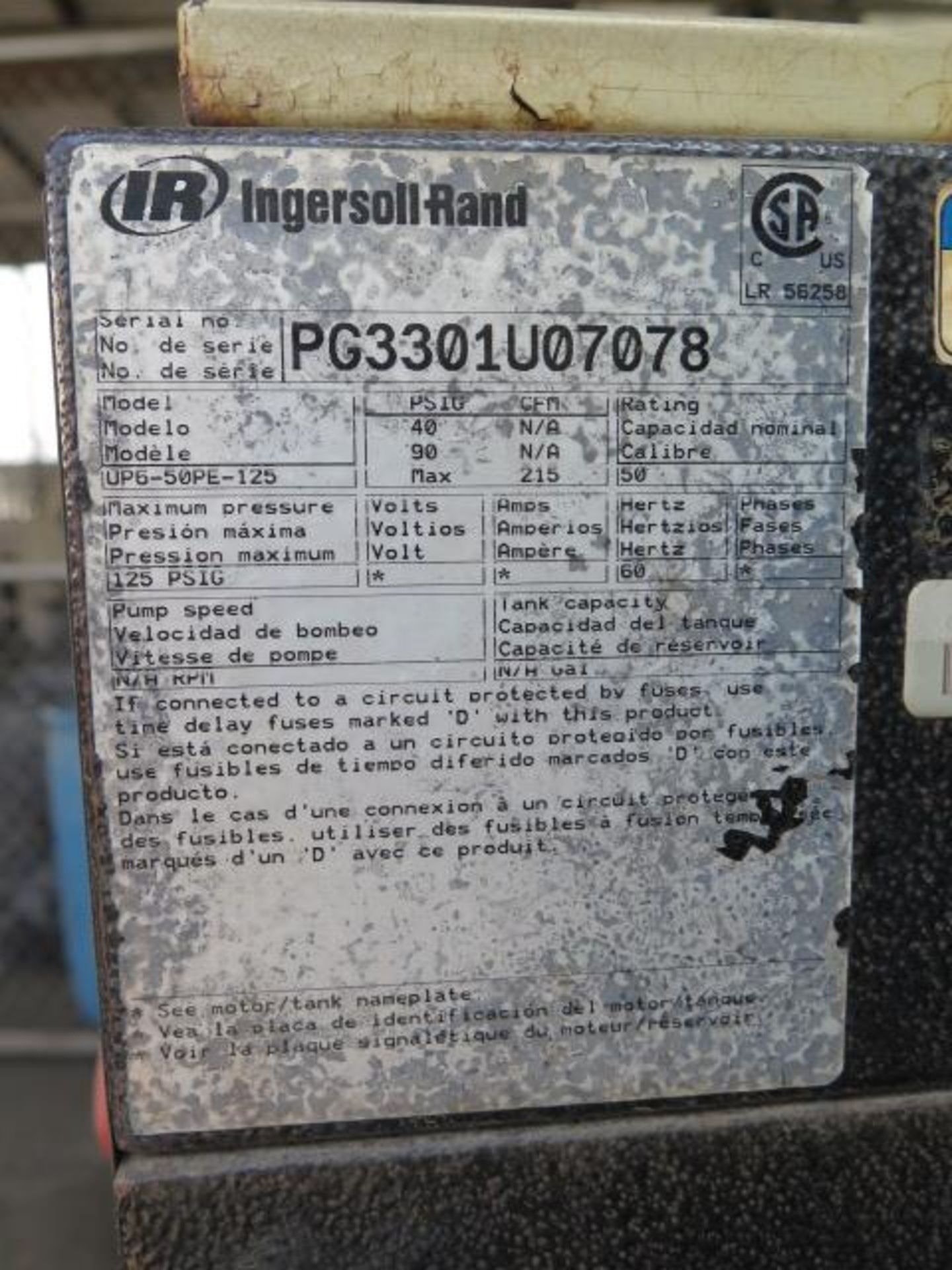Ingersoll Rand UP6-50PR-125 50Hp Rotary Air Compr s/n PG3301U07078 w/ 215 CFM @ 125 PSIG, SOLD AS IS - Image 8 of 13