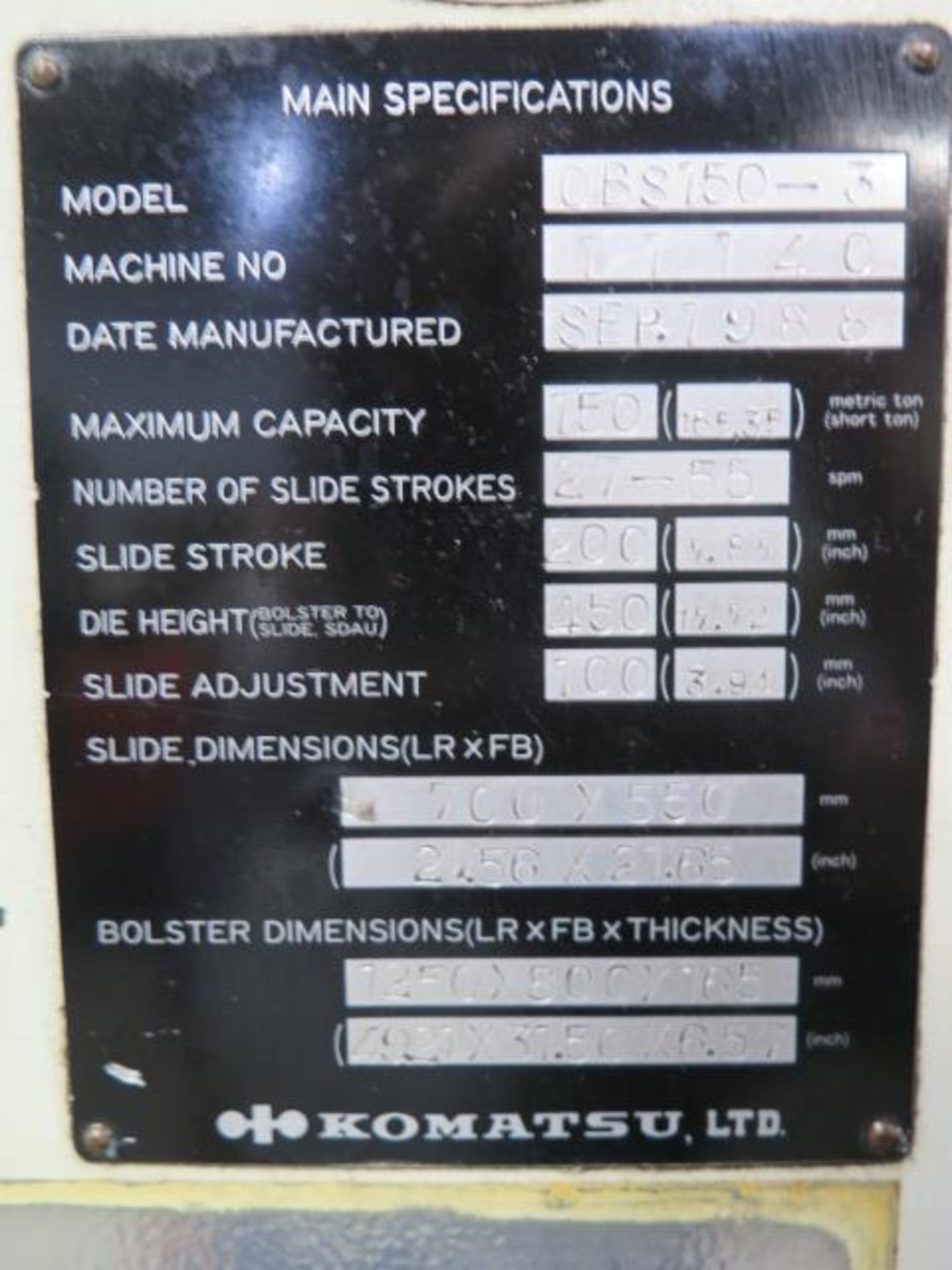Komatsu OBS 150-3 150 Ton Gap Frame Press s/n 11140 w/ Controls, 27-55 SPM, 7.89” Stroke, SOLD AS IS - Image 23 of 23