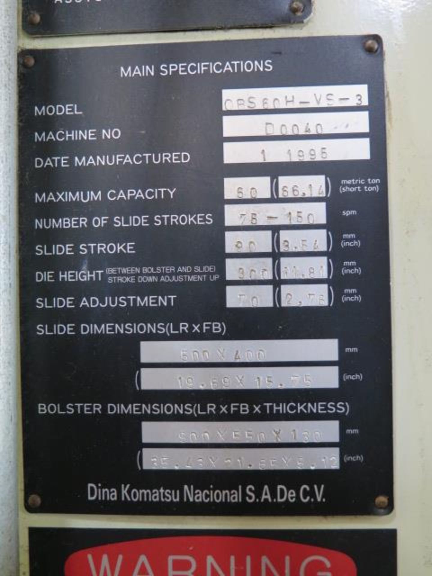 1995 Komatsu OBS 60H-VS-# 60 Ton Gap Frame Press s/n D0040 w/Komatsu Controls, 75-150 SPM,SOLD AS IS - Image 18 of 18