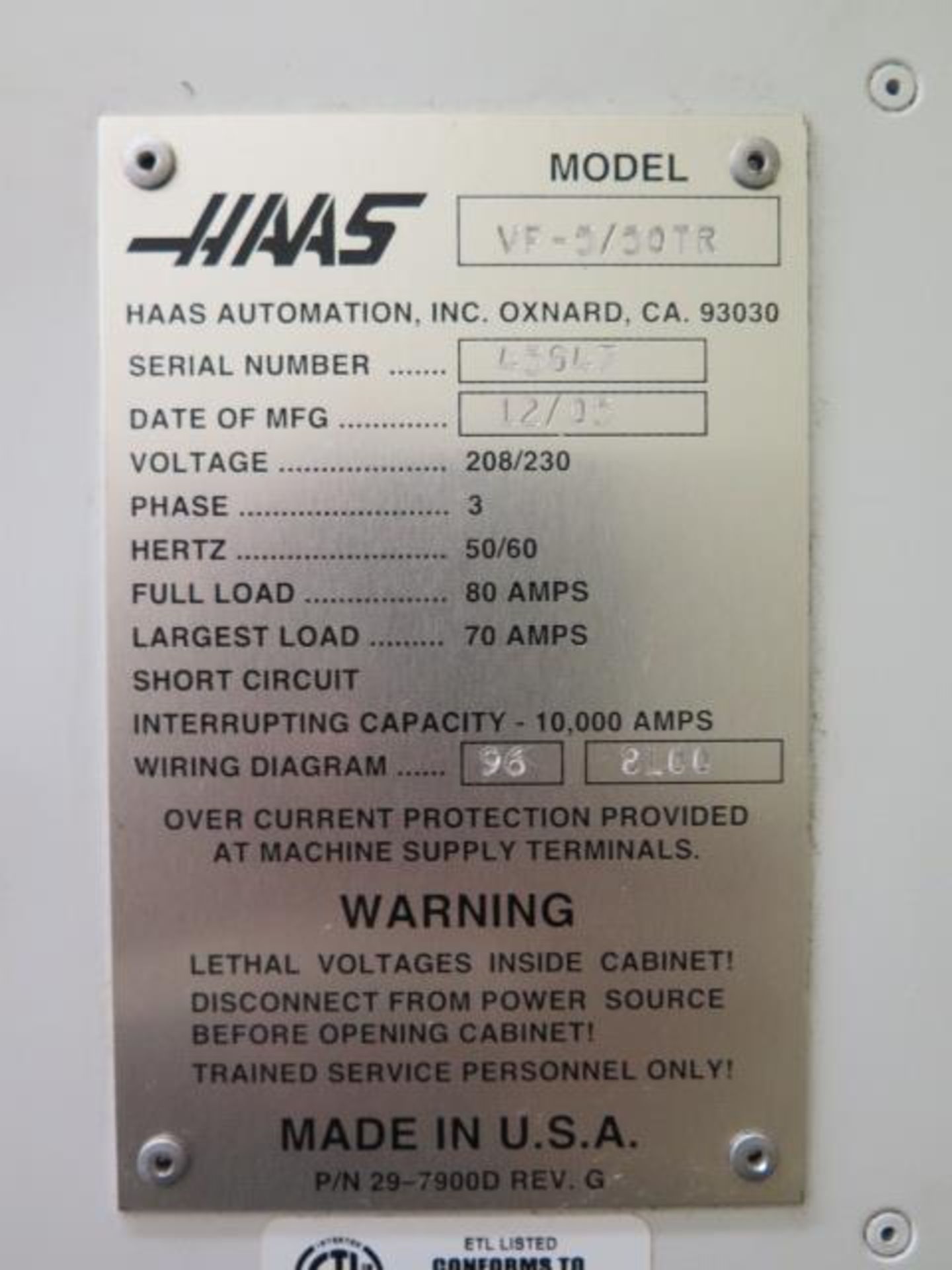 2005 Haas VF5/50TR 5-Axis Trunnion CNC VMC s/n 45847 w/ Haas Controls, 30-Station ATC, SOLD AS IS - Image 24 of 24
