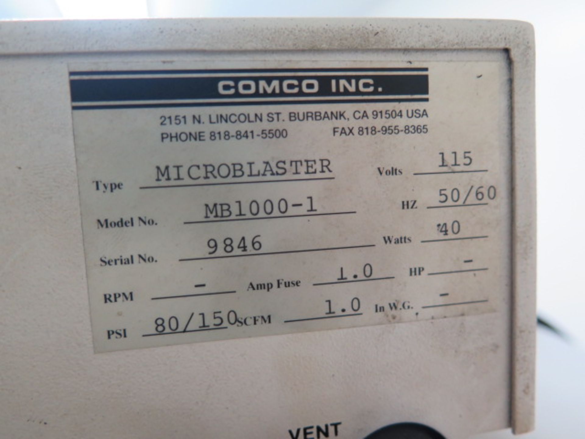 Comco “Micro Blaster” mdl. WS2200-1 Micro Blasting System s/n 4458 w/ MB1000-1 Cabinet SOLD AS IS - Image 10 of 10