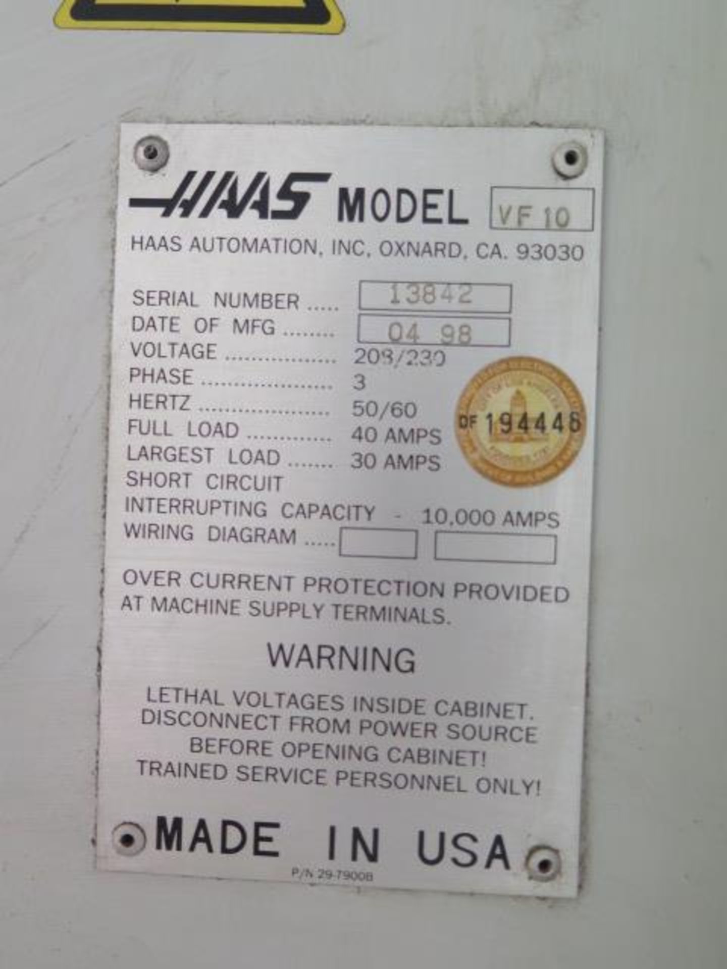 1998 Haas VF-10 4-Axis CNC VMC, s/n 13842 w/ Haas Controls, Hand Wheel, 32-Station ATC, SOLD AS IS - Image 17 of 17