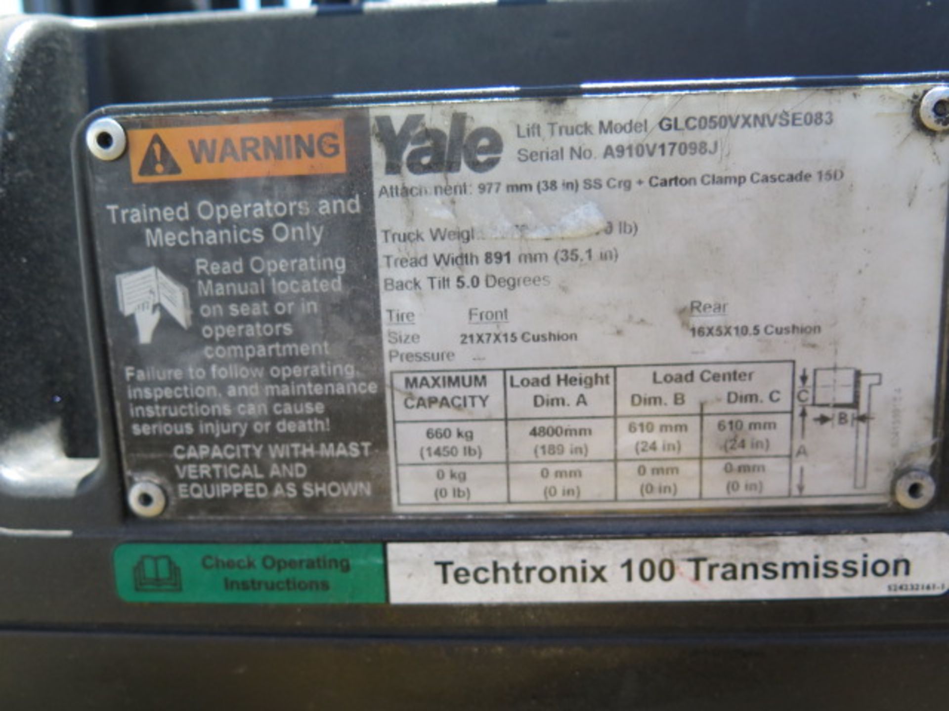 2012 Yale GLC050VXNVSE083 5000 Lb LPG Forklift s/n A910V17098J w/ 3-Stage, SS 189” Lift, SOLD AS IS - Bild 19 aus 19