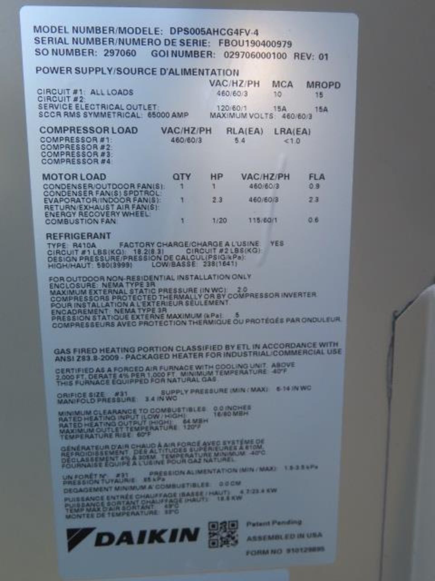 Daikin DPS005AHCG4FV-4 AC UUNIT s/n FBOU190400979 460/60/3 (NEW) SOLD AS IS) Located La Mirada, CA - Image 7 of 7