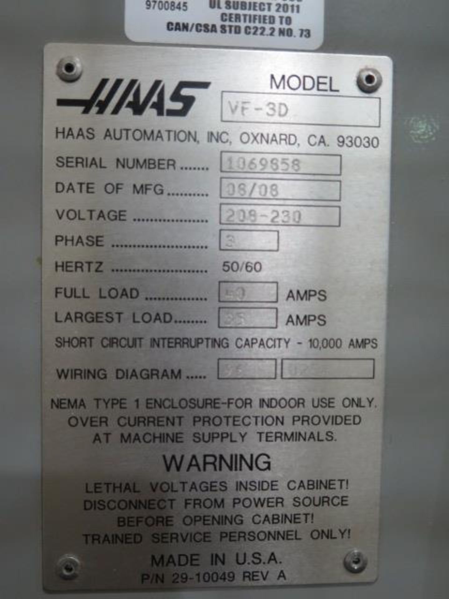 2008 Haas VF-3D 4-Axis CNC VMC s/n 1069858 w/ Haas Controls, Hand Wheel, 24-ATC, Cat 40, SOLD AS IS - Image 18 of 18