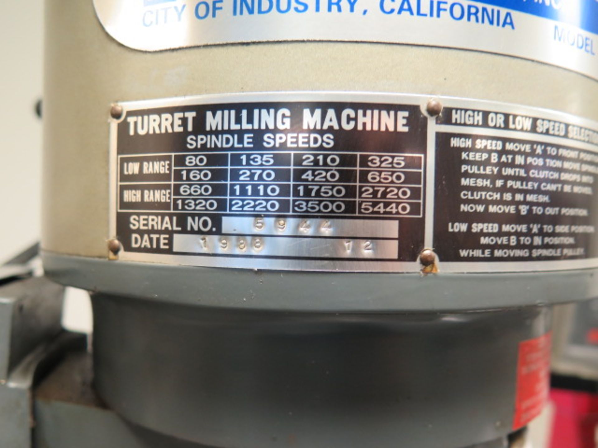 Rutland Vertical Mill s/n 5944 w/ Delos DS-2M Programmable DRO, 2Hp Motor, 80-5440 RPM, SOLD AS IS - Image 7 of 18