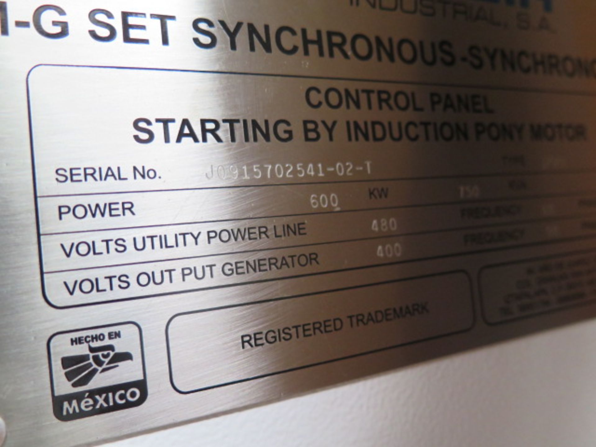 Potencia Motor-Generator Sets w/ M-G Set -Synchronous Control Package, 600kW, 750kVA, SOLD AS IS - Image 6 of 6
