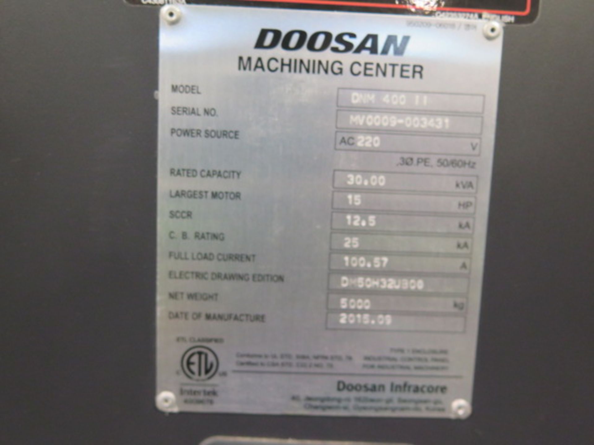 2015 Doosan DNM400 II 5-Axis Capable CNC Vertical Machining Center s/n MV0009-00343, SOLD AS IS - Image 22 of 22