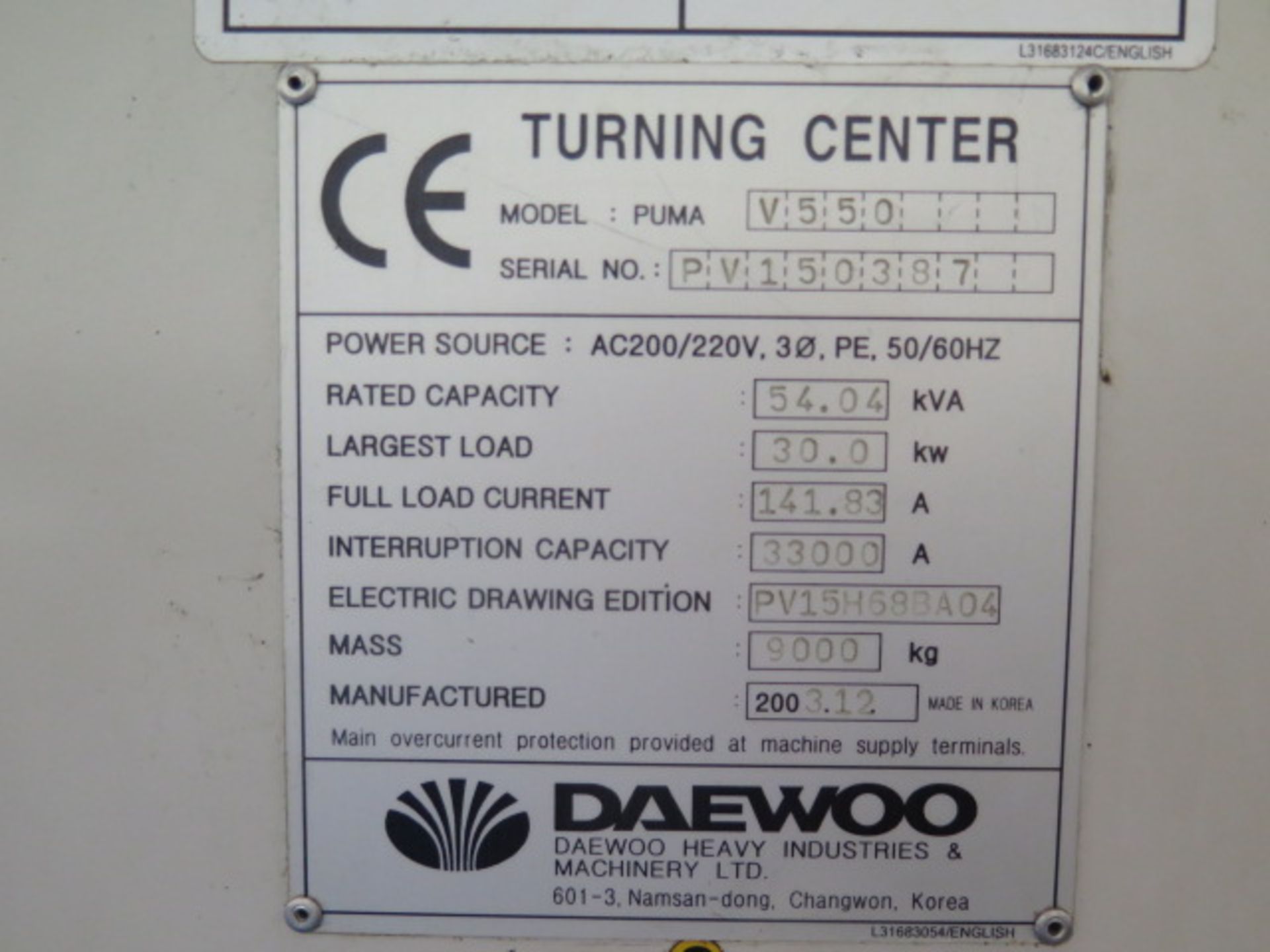 2003 Daewoo Doosan PUMA V550 CNC Vertical Turning Center s/n PV150387 w/ Fanuc 18i-TB, SOLD AS IS - Image 18 of 18