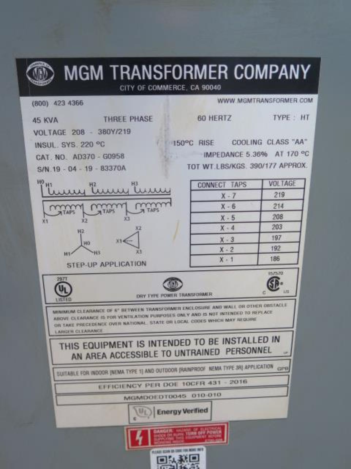 MGM 45kVA Transformer 208-380Y/219 (SOLD AS-IS - NO WARRANTY) - Image 4 of 4
