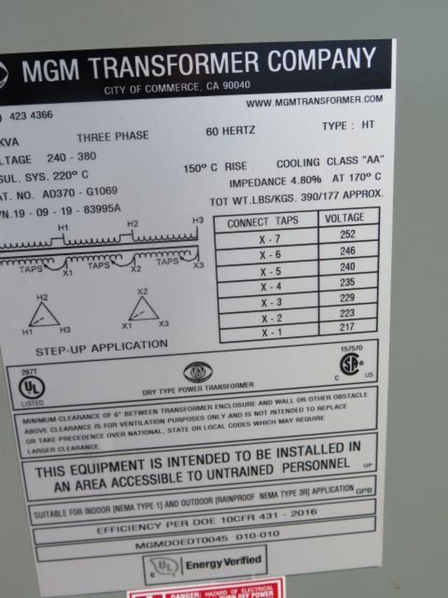 MGM 45kVA Transformer 240-380 (SOLD AS-IS - NO WARRANTY) - Image 4 of 4