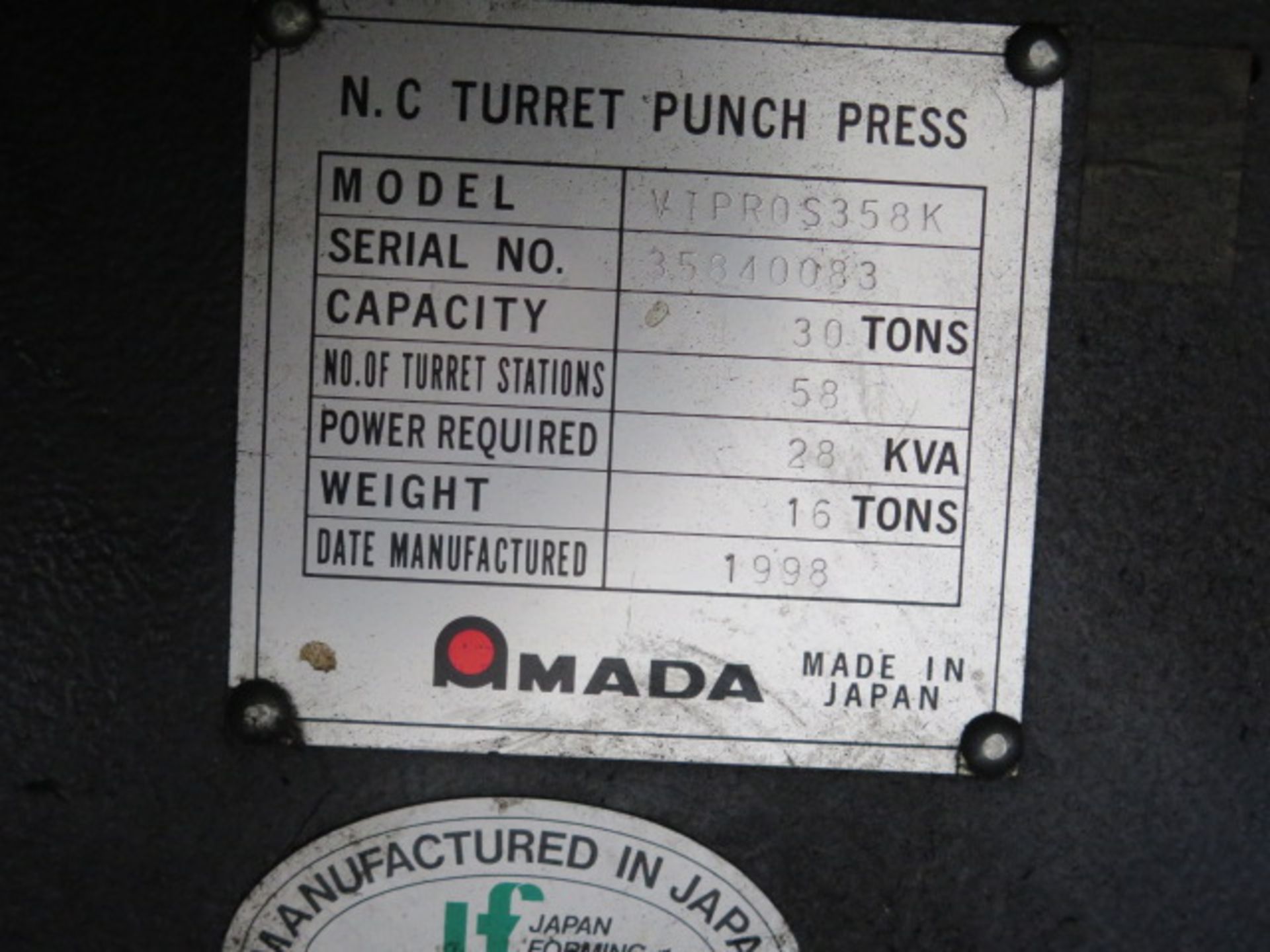 1998 Amada VIPROS 358 King II 30-Ton CNC Turret Punch Press s/n 35840083 w/ Fanuc 18-P, SOLD AS IS - Image 18 of 18