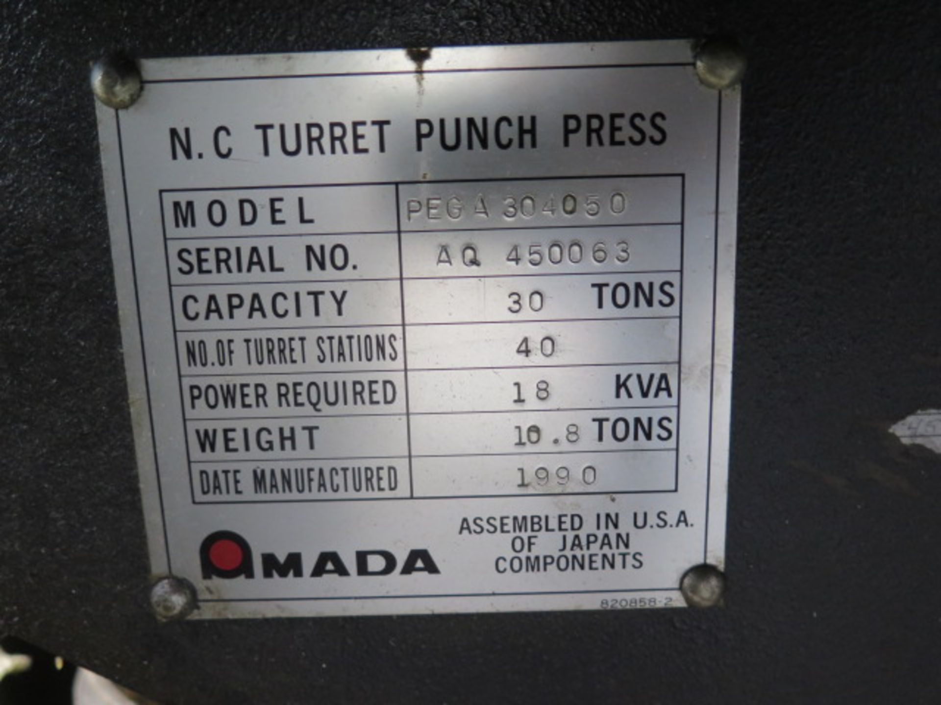 1990 Amada PEGA-345 30-Ton CNC Turret Punch s/n AQ450083 w/ 04P-C Controls, 40-Station, SOLD AS IS - Image 17 of 21