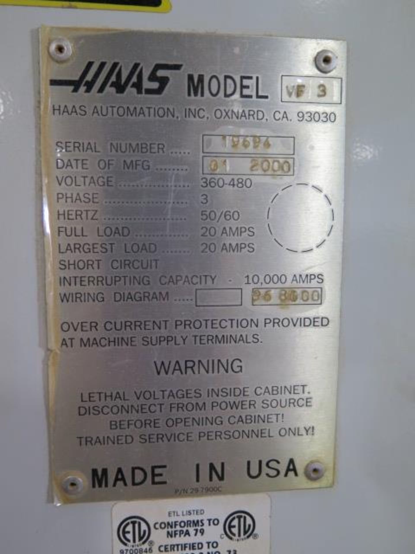 2000 Haas VF-3 CNC VMC s/n 19694 w/ Haas Controls, 20-Station ATC,CAT-40, NO COOLER TANK, SOLD AS IS - Image 15 of 17