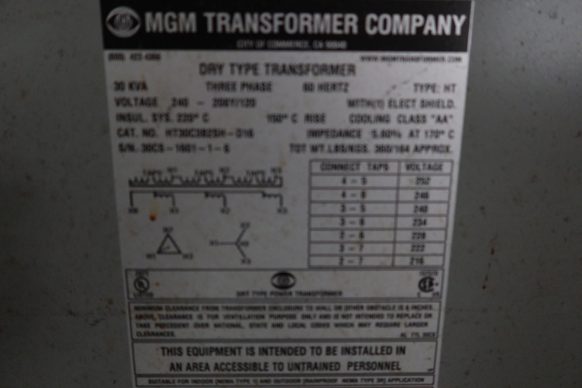 MGM DRYTYPE TRANSFORMER, 30KVA, 3PH, 240 - 208Y/120 (TRANSFORMERS CAN NOT BE DISCONNECTED OR REMOV - Image 2 of 2