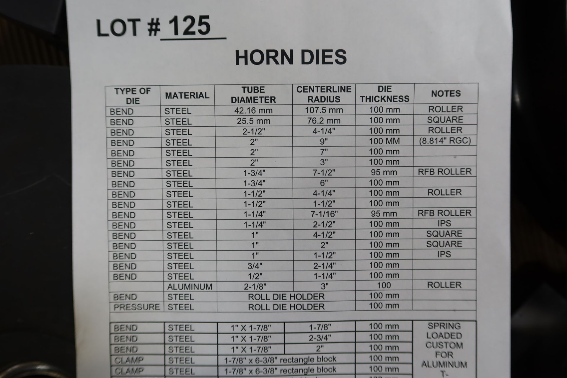 LOT HORN TOOLING, PUSH ROLL TUBE BENDING DIES, TOOLING, PLEASE VIEW PICS FOR COMPLETE LIST OF DIES - Image 4 of 4