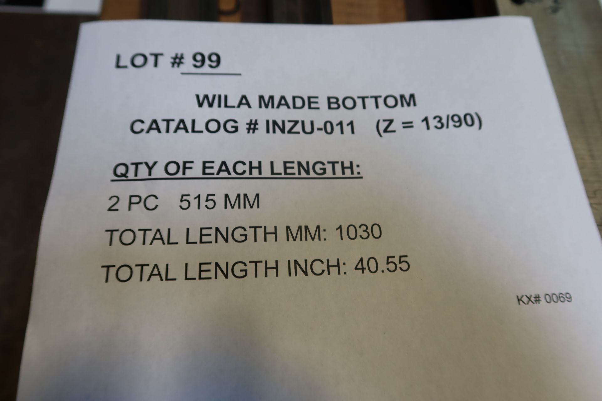 WILA MADE BOTTOM CATALOG # INZU-011 (Z - 13/90): 2PC - 515MM; TOTAL LENGTH MM: 1030; TOTAL LENGTH - Image 2 of 2
