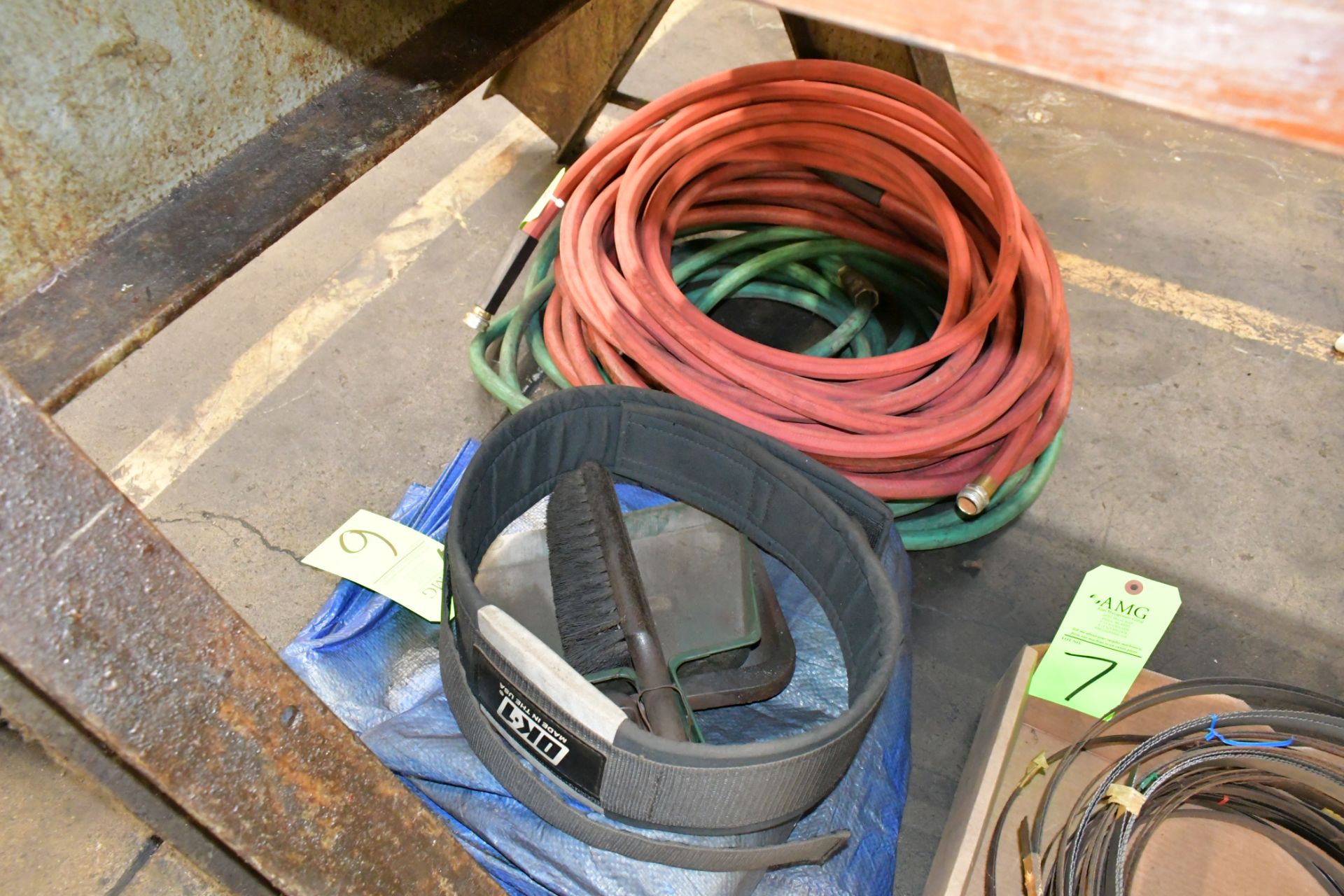 Lot-Tarps, Hoses, and Strap on Floor Under (1) Bench