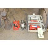 Lot-(3) Various Hydraulic Bottle Jacks and (1) Screw Jack on Floor Under (1) Bench
