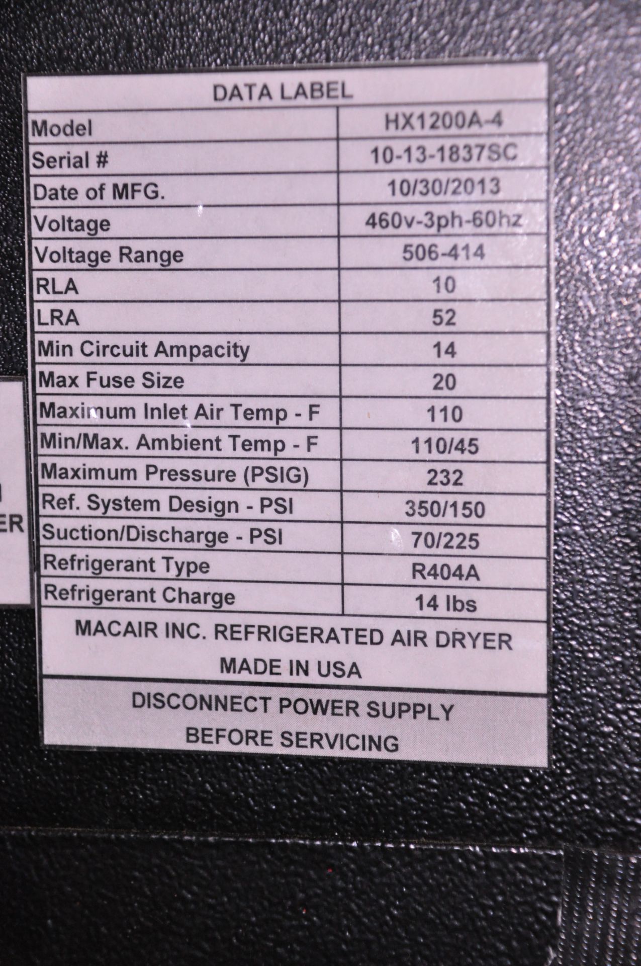 Macair Model HX1200A-4, Refrigerated Compressed Air Dryer, S/n 10-13-1837SC (2013) - Image 3 of 3