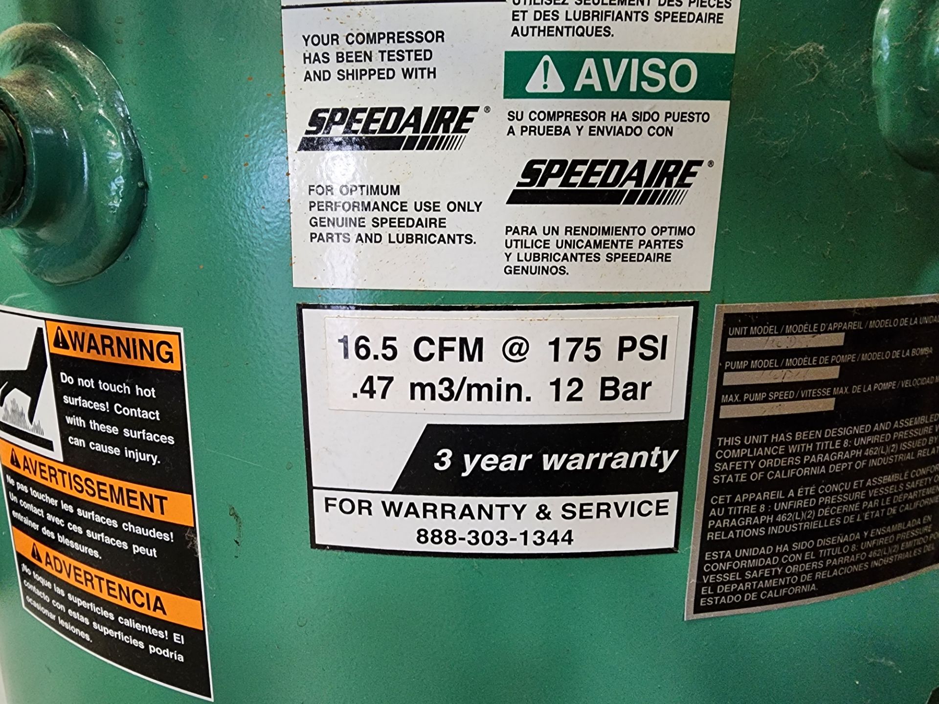 SpeedAire Model 1WD55 Vertical Tank Mounted Air Compressor, 16.5 CFM @ 175 PSI, S/N D086318; w/ - Image 3 of 5