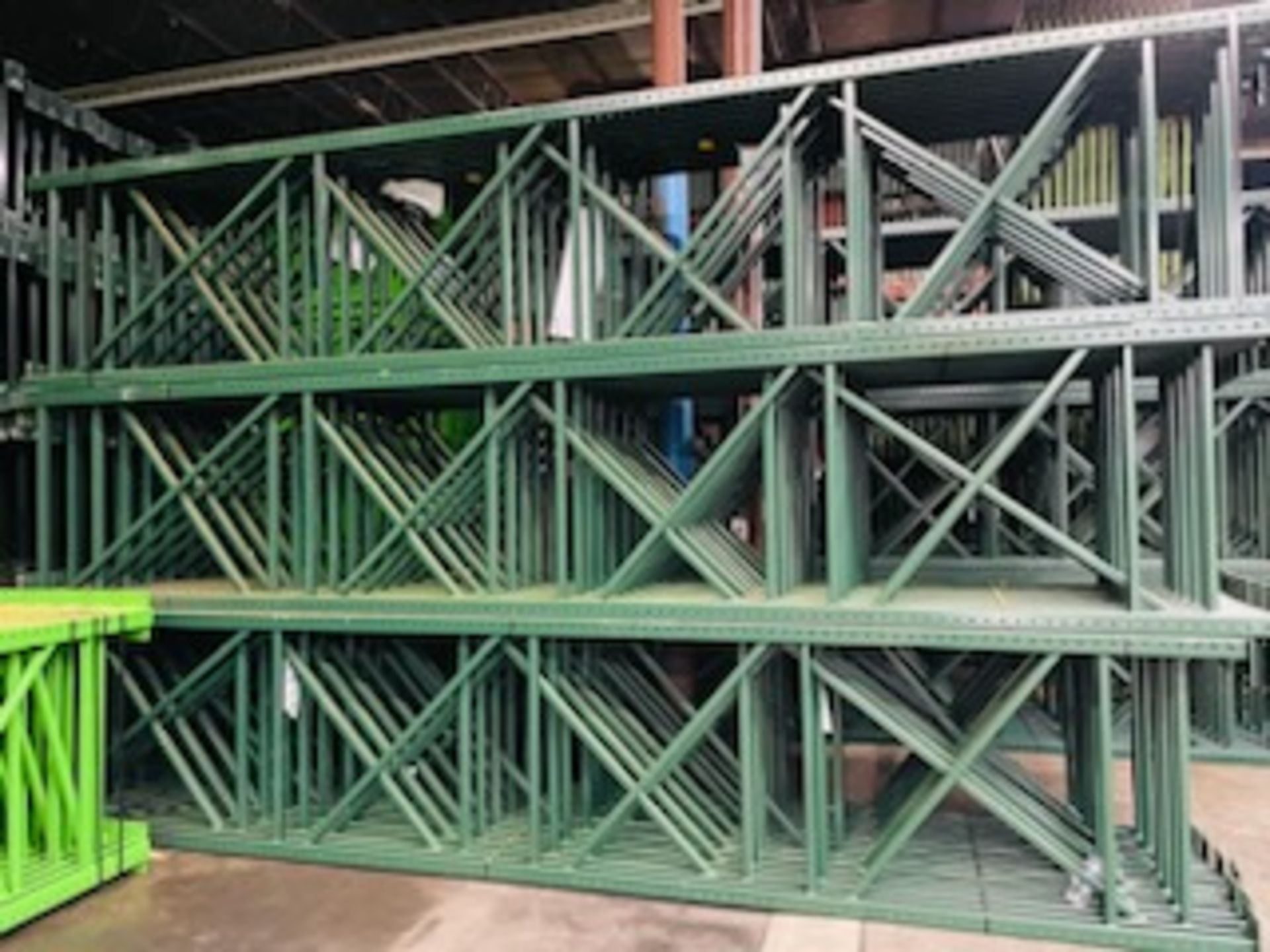 (30X) USED RIDGE U RACK UPRIGHT. SIZE 18'H X 42"D, 3"X 3" GREEN