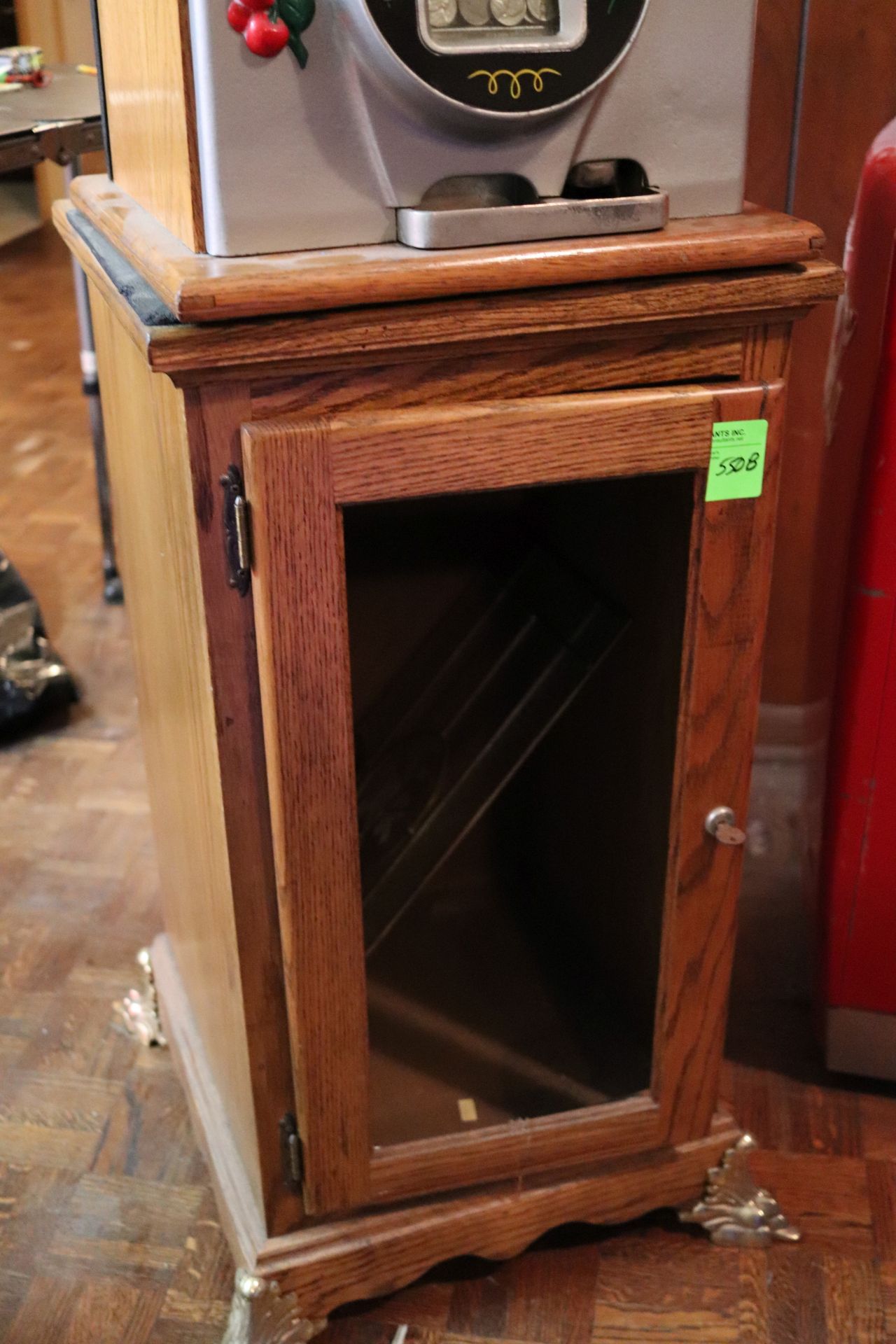 Stained glass one-door cabinet with brass feet, with key, 17" x 17" x 33"