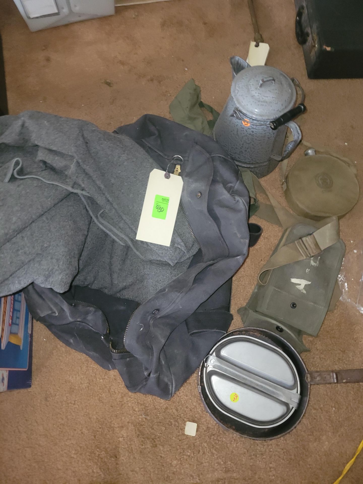 Duffel with coffee pot, mess kit, BS canteen