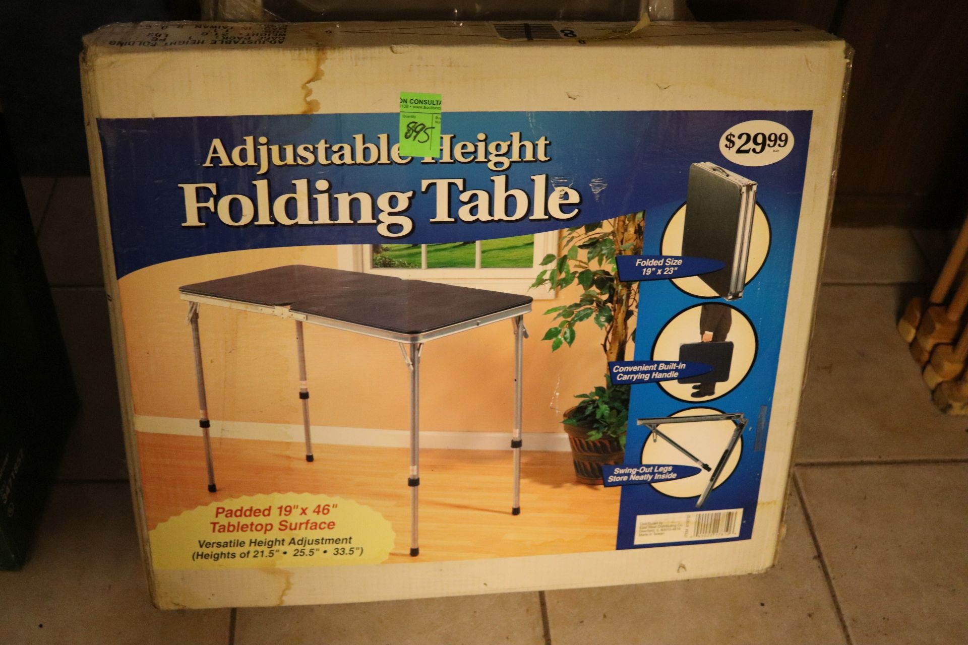 Adjustable height folding table, new in box