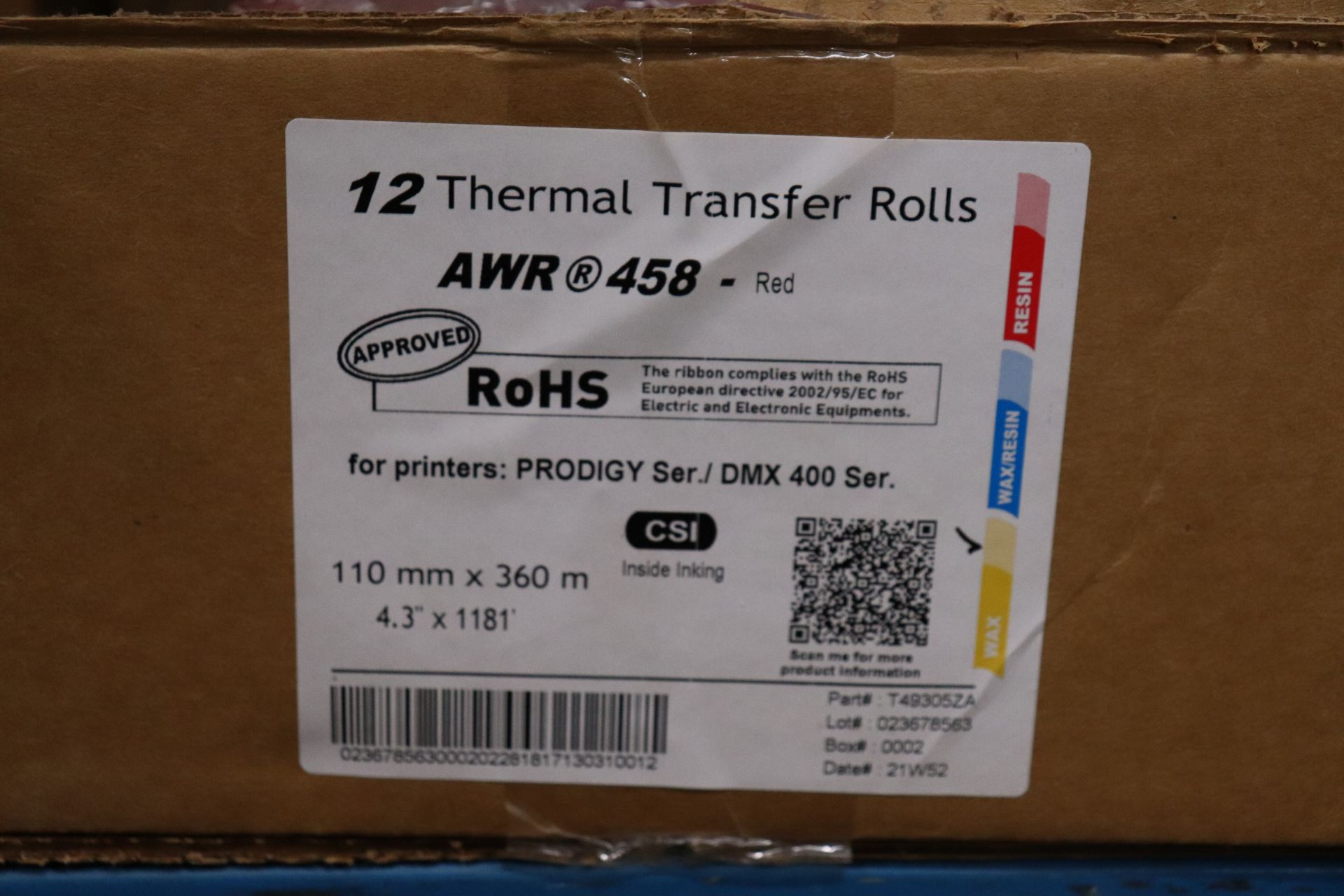 One box of thermal transfer rolls, 12 per box, model AWR 458, red, labels are 4.3" x 1181 ft, wax/re - Image 2 of 3