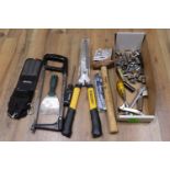 Miscellaneous sockets, hacksaw, mallet, and garden shears