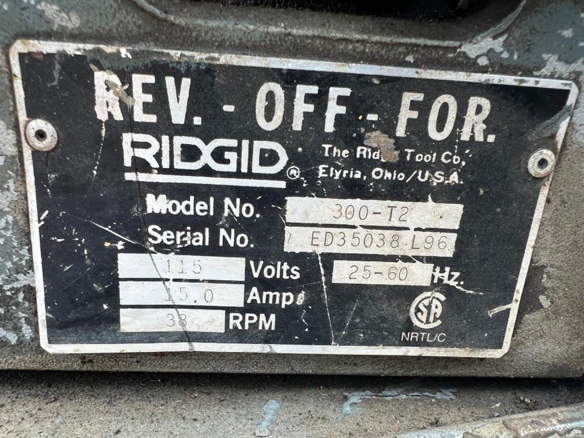 Ridgid Rev-Off-For Pipe Threader, Model #300-T2, Serial #ED35038-L96, 115 Volts, 15 Amp, 38 RPM. Loc - Image 3 of 5