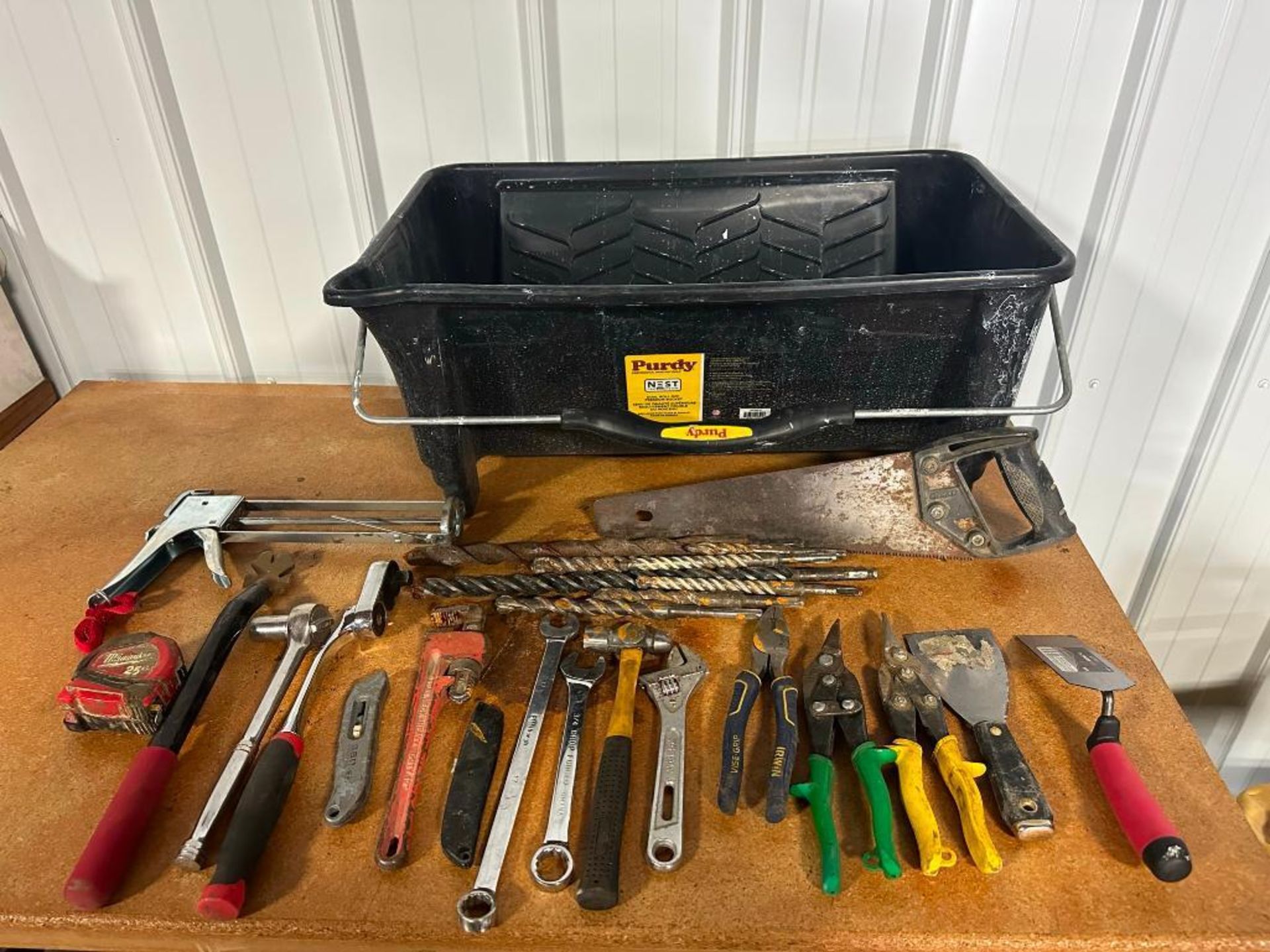 Misc hand tools, crescent wrench, pliers, snippers, tape measure, etc., located in Mt. Pleasant,