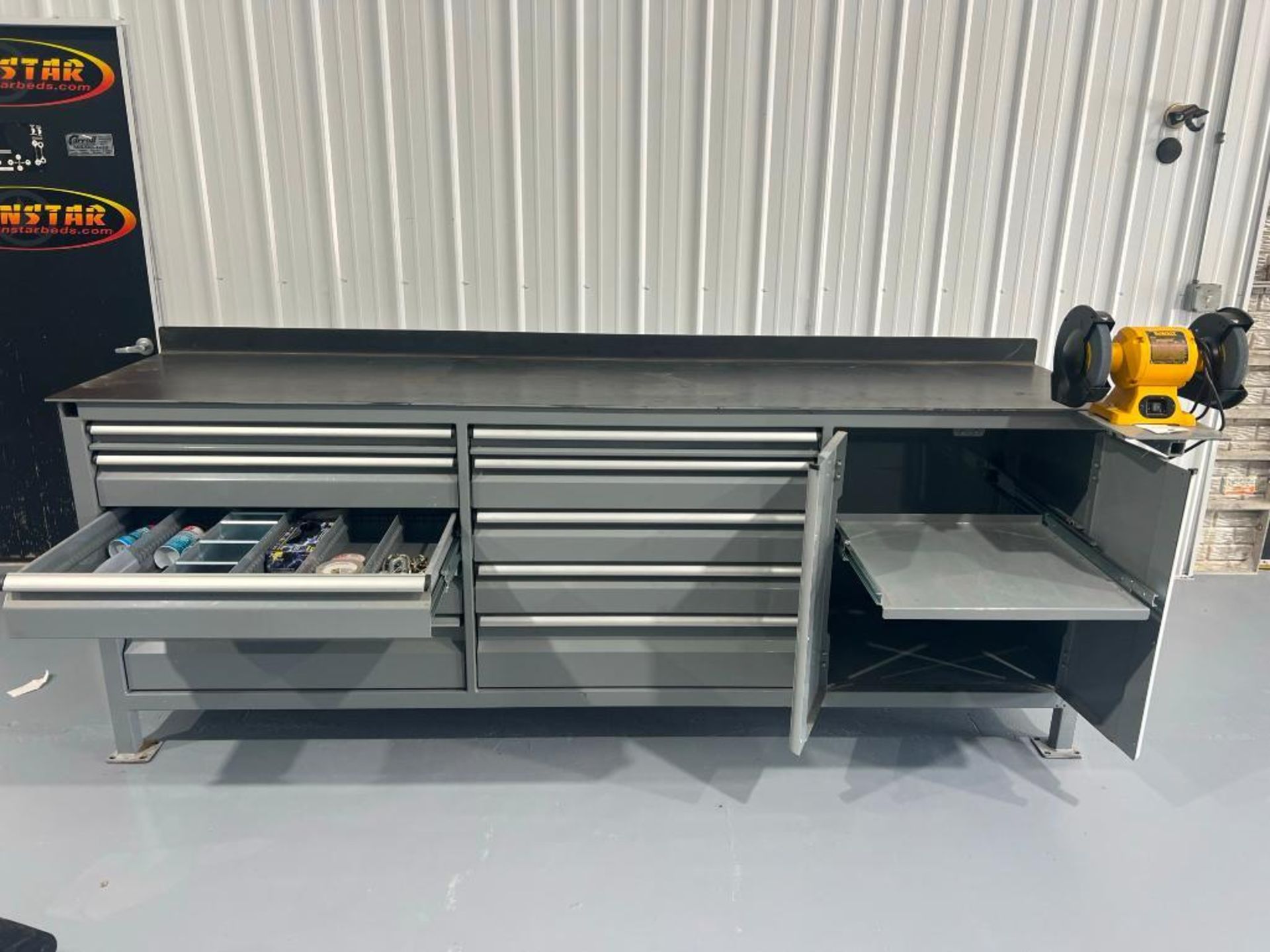 grey tool cabinet on rollers with tools, 9' x 26" x 40", 10 drawer, 2 cabinet doors, (bench - Image 2 of 9