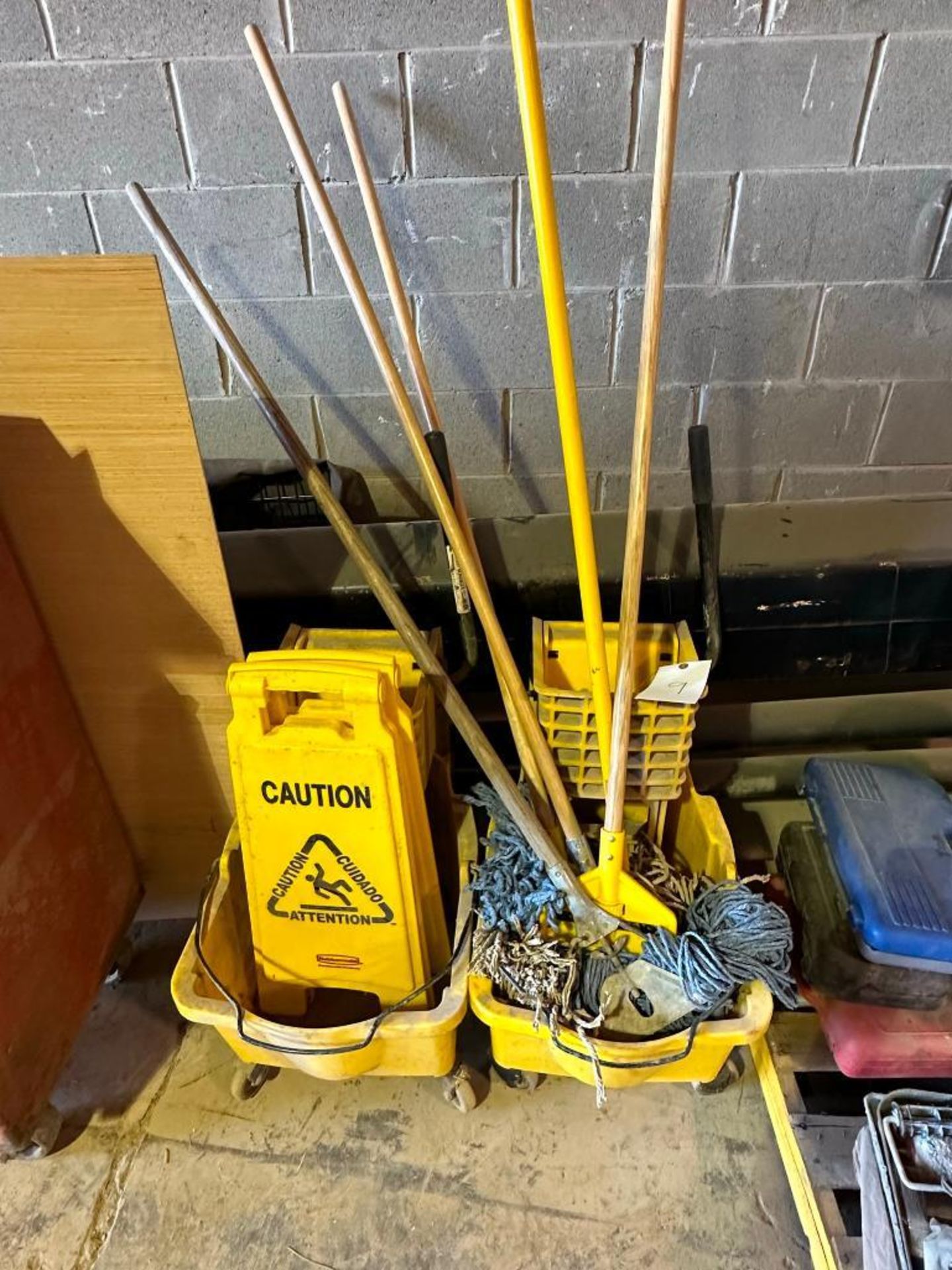 (2) Rubbermaid commercial mop bucket and ringer, (2) Rubbermaid caution signs, mops with handles - Image 2 of 2