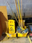 (2) Rubbermaid commercial mop bucket and ringer, (2) Rubbermaid caution signs, mops with handles