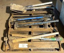 Pallet of tools to include scoop shovel, pick axe, maul