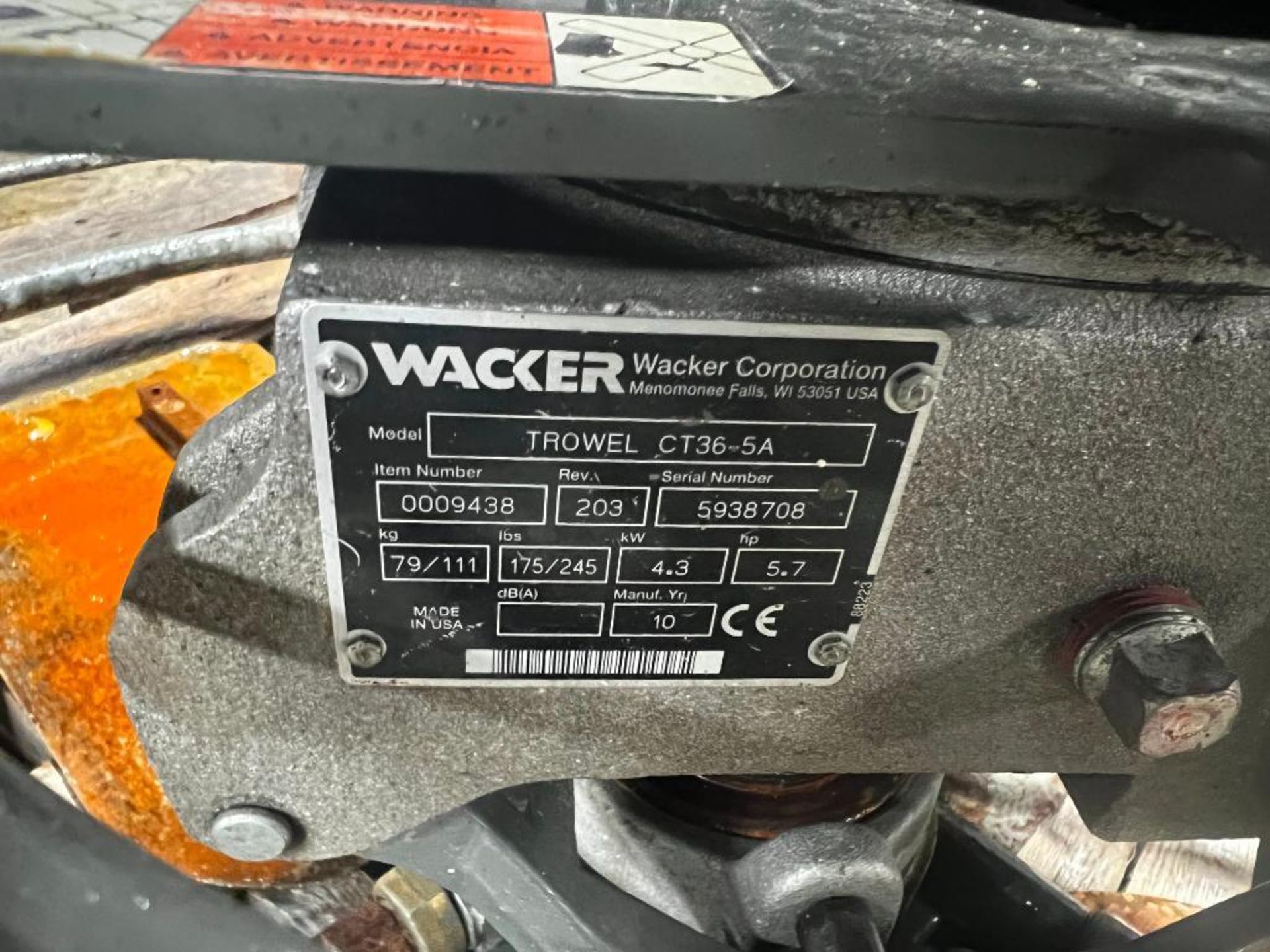 2010 Wacker 36" Walk-Behind Power Trowel, Model CT36-5A, Serial # 5938708 located in Mt. Pleasant, - Image 4 of 9