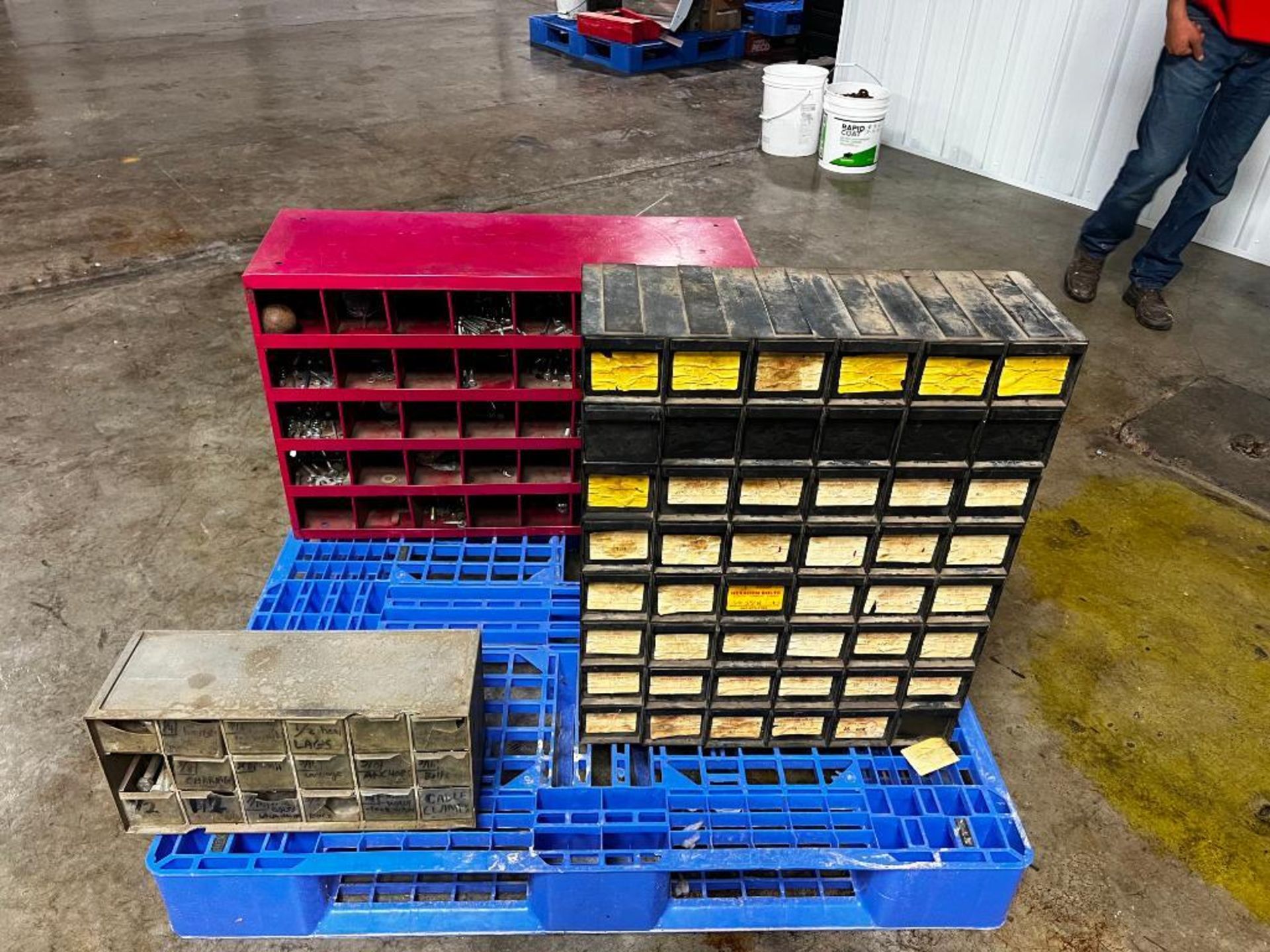 Pallet Storage Bins with Miscellaneous Nuts & Bolts, etc. Located in Mt. Pleasant, IA