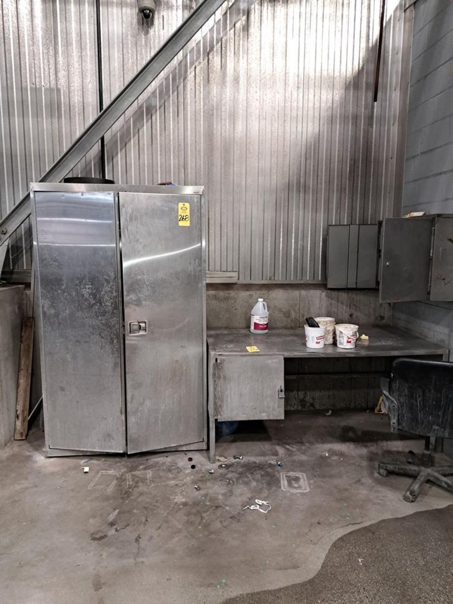 Lot (1) stainless Steel Cabinet, 4" W X 2' D X 80" T, (1) Stainless Steel Desk: Required Loading Fee