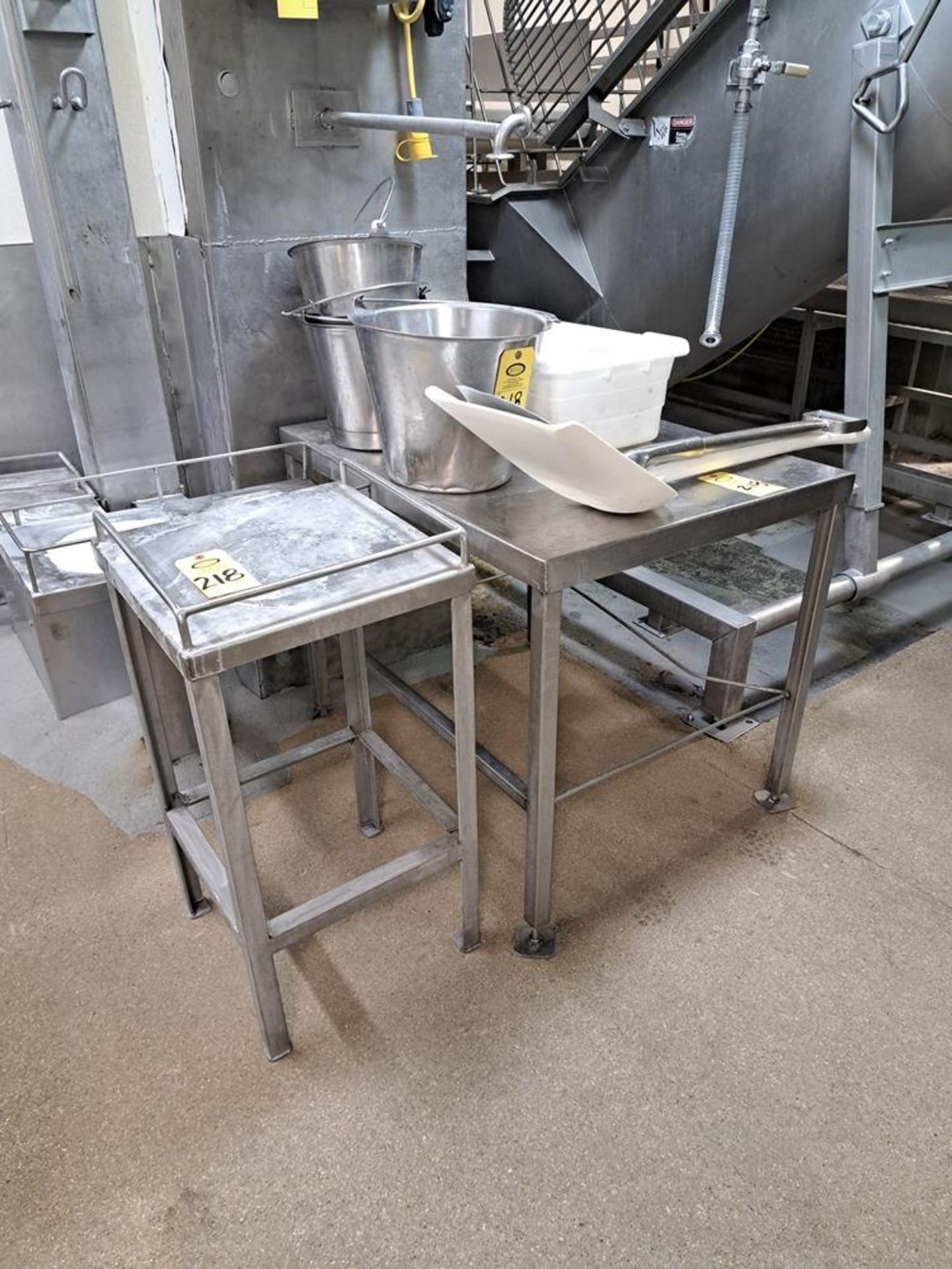 Lot Stainless Steel Table, 31" W X 41" L, (5) Stainless Steel Buckets, (2) Shovels, Stainless