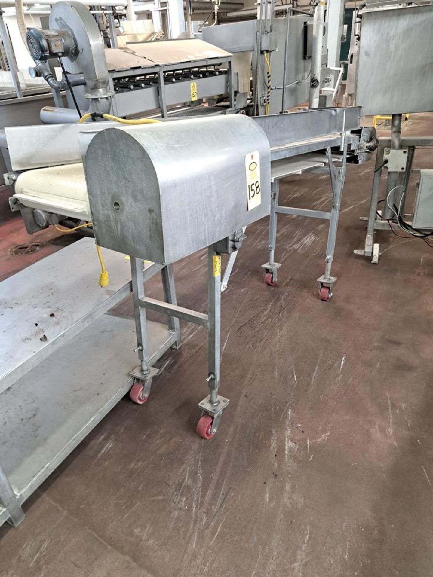 Portable Stainless Steel Conveyor, 16" W X 92" L flighted plastic belt, 36" infeed, 48" discharge: