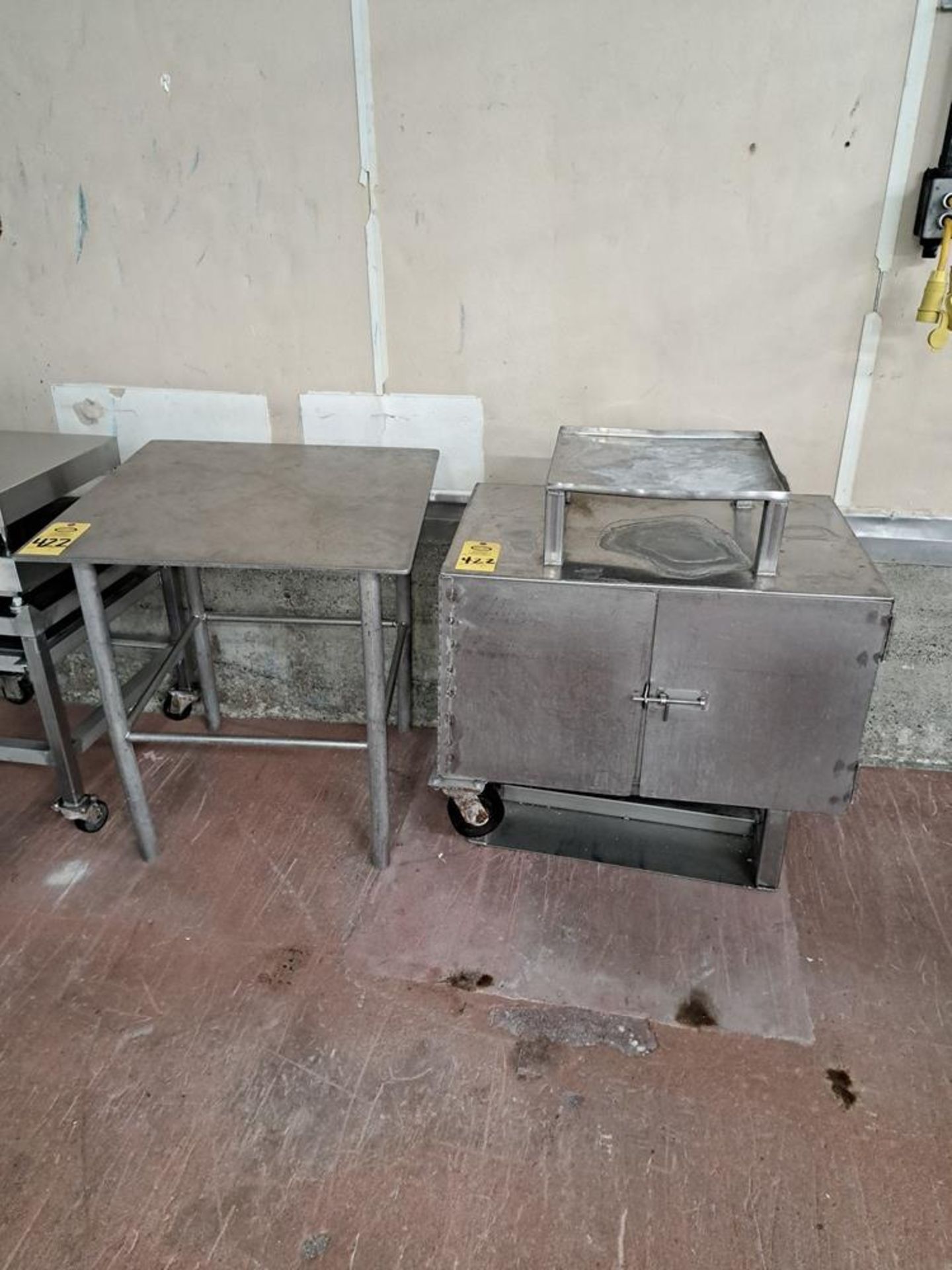 Lot (1) Stainless Steel Table, 30" X 30", (1) Portable Cabinet, 34" L X 23" H X 20" D, (1)